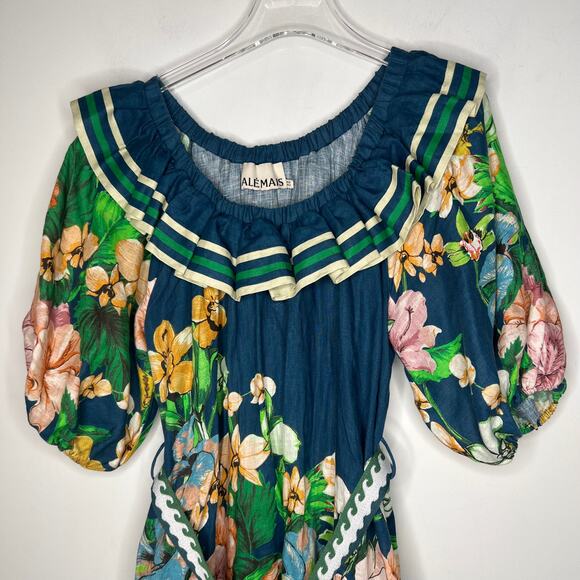 ALEMAIS Navy Floral Linen Mini Dress Size 4 - Picture 5 of 10